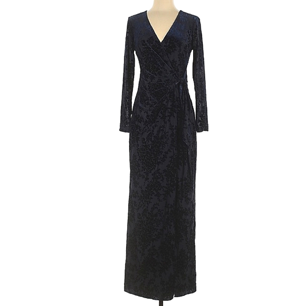 Lauren Ralph Lauren Size 4 Navy Velvet Floral Burnout Wrap Maxi Dress